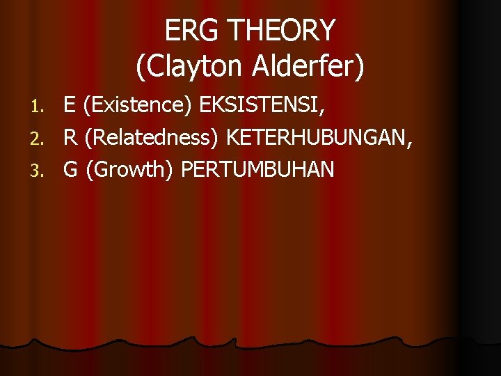 ERG THEORY (Clayton Alderfer) E (Existence) EKSISTENSI, 2. R (Relatedness) KETERHUBUNGAN, 3. G (Growth)