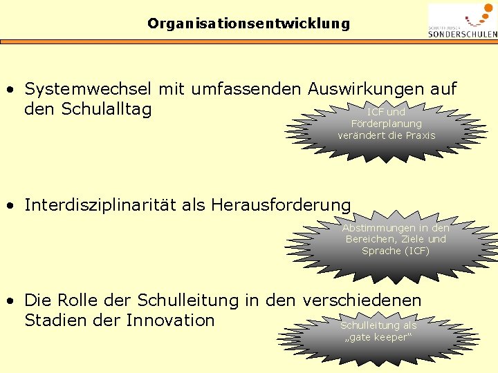 Organisationsentwicklung • Systemwechsel mit umfassenden Auswirkungen auf den Schulalltag ICF und Förderplanung verändert die