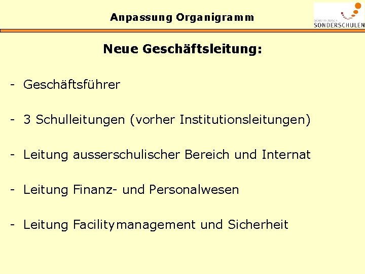 Anpassung Organigramm Neue Geschäftsleitung: - Geschäftsführer - 3 Schulleitungen (vorher Institutionsleitungen) - Leitung ausserschulischer