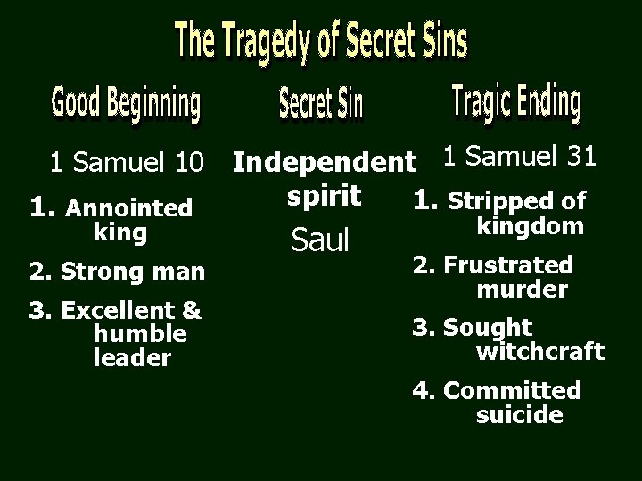 1 Samuel 10 Independent 1 Samuel 31 spirit 1. Stripped of 1. Annointed king