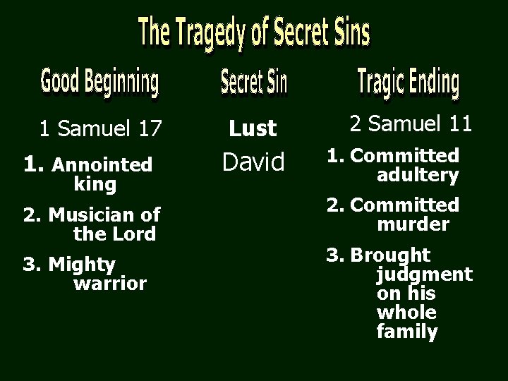 1 Samuel 17 1. Annointed king 2. Musician of the Lord 3. Mighty warrior