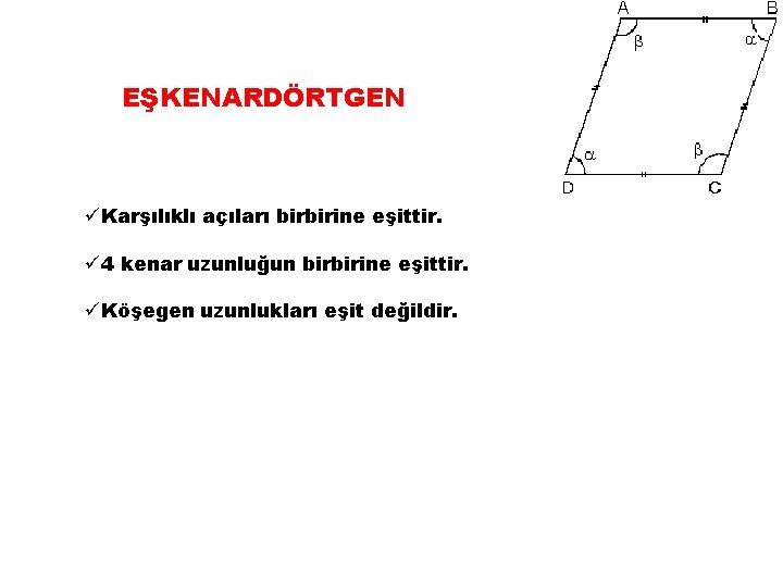 EŞKENARDÖRTGEN üKarşılıklı açıları birbirine eşittir. ü 4 kenar uzunluğun birbirine eşittir. üKöşegen uzunlukları eşit