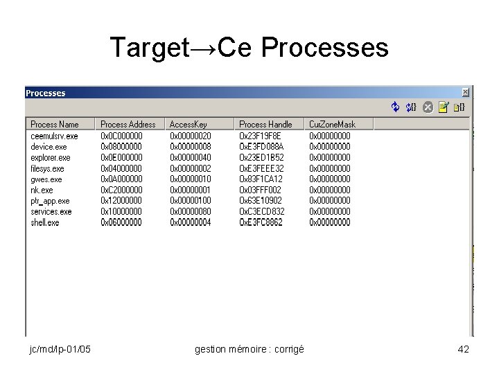Target→Ce Processes jc/md/lp-01/05 gestion mémoire : corrigé 42 