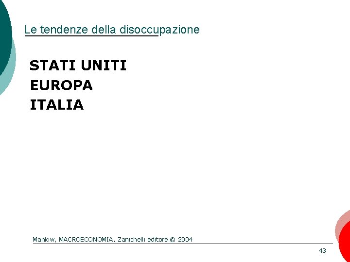 Le tendenze della disoccupazione STATI UNITI EUROPA ITALIA Mankiw, MACROECONOMIA, Zanichelli editore © 2004