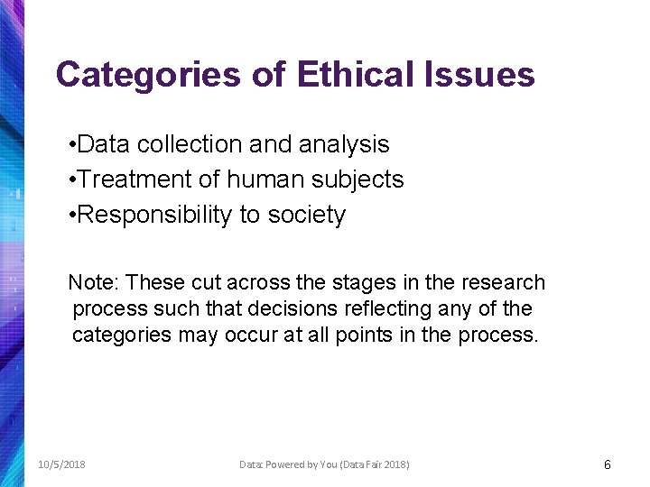 Categories of Ethical Issues • Data collection and analysis • Treatment of human subjects