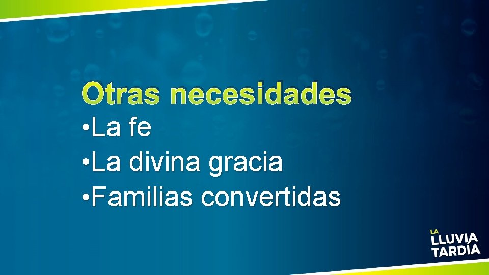 Otras necesidades • La fe • La divina gracia • Familias convertidas 