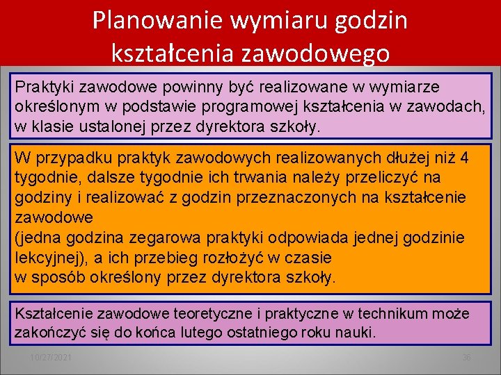 Planowanie wymiaru godzin kształcenia zawodowego Praktyki zawodowe powinny być realizowane w wymiarze określonym w