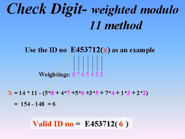 Check Digit- weighted modulo 11 method Use the ID no E 453712(x) as an