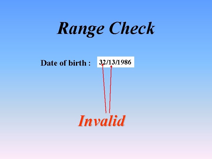 Range Check Date of birth : 32/13/1986 Invalid 