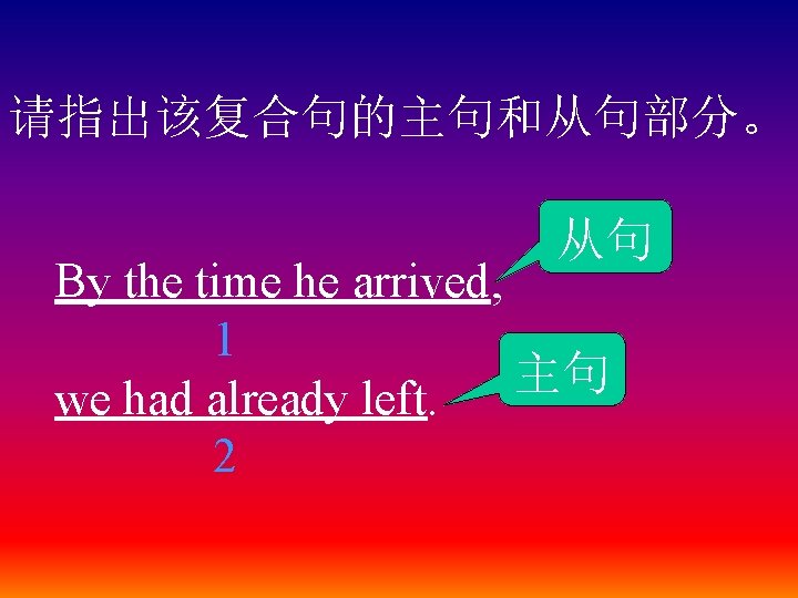 请指出该复合句的主句和从句部分。 从句 By the time he arrived, 1 主句 we had already left. 2