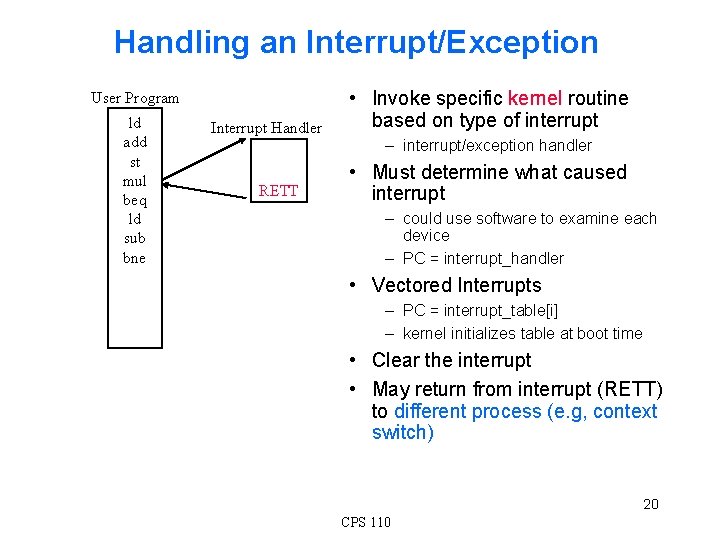 Handling an Interrupt/Exception User Program ld add st mul beq ld sub bne Interrupt