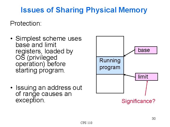 Issues of Sharing Physical Memory Protection: • Simplest scheme uses base and limit registers,