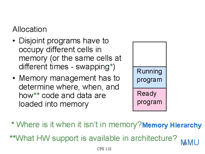 Allocation • Disjoint programs have to occupy different cells in memory (or the same