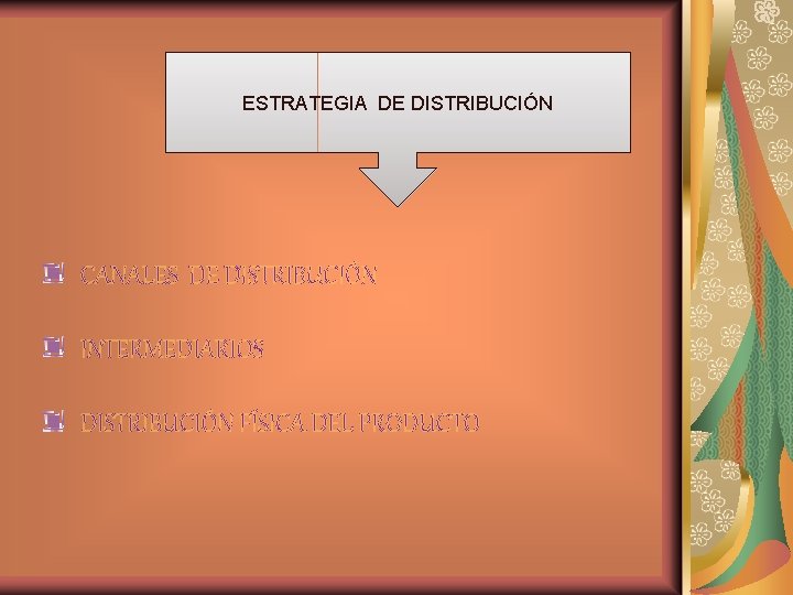 ESTRATEGIA DE DISTRIBUCIÓN CANALES DE DISTRIBUCIÓN INTERMEDIARIOS DISTRIBUCIÓN FÍSICA DEL PRODUCTO 