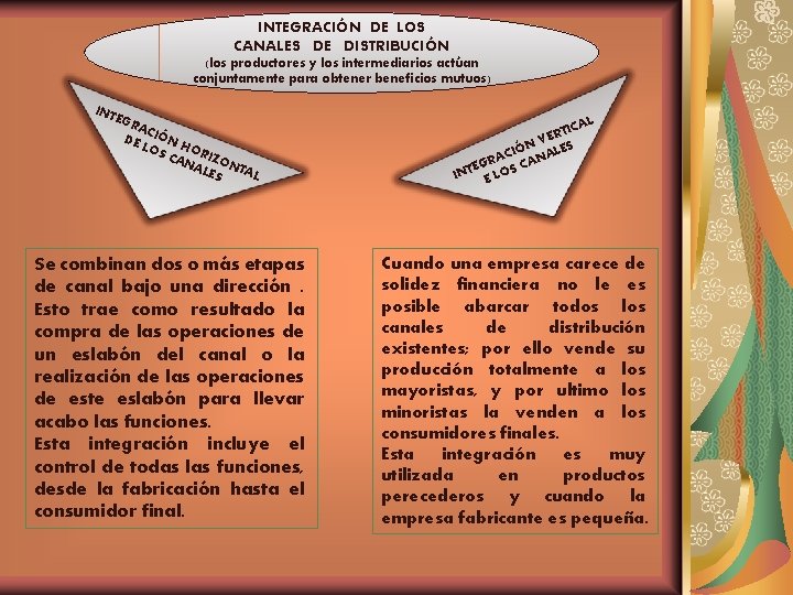 INTEGRACIÓN DE LOS CANALES DE DISTRIBUCIÓN (los productores y los intermediarios actúan conjuntamente para