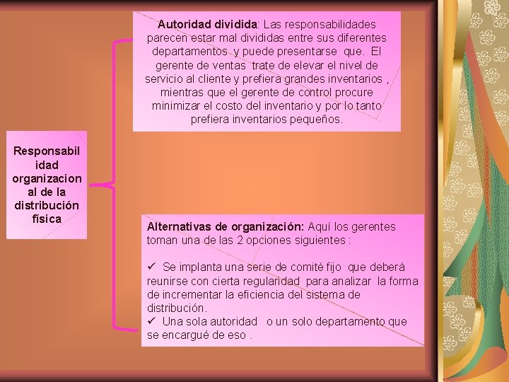 Autoridad dividida: Las responsabilidades parecen estar mal divididas entre sus diferentes departamentos y puede