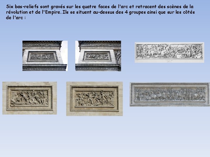 Six bas-reliefs sont gravés sur les quatre faces de l'arc et retracent des scènes