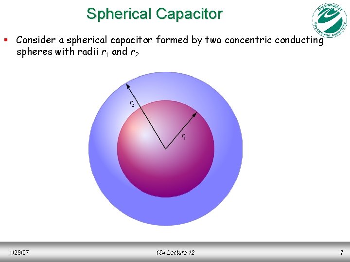 Spherical Capacitor § Consider a spherical capacitor formed by two concentric conducting spheres with