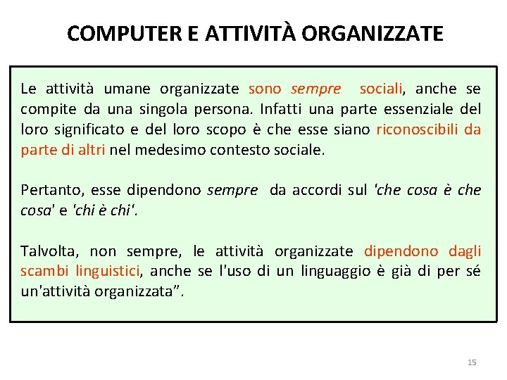 COMPUTER E ATTIVITÀ ORGANIZZATE Le attività umane organizzate sono sempre sociali, anche se compite