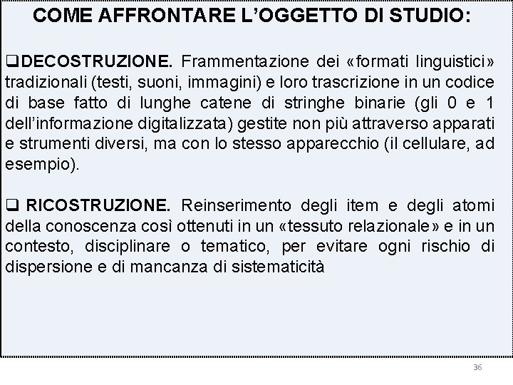 COME AFFRONTARE L’OGGETTO DI STUDIO: q. DECOSTRUZIONE. Frammentazione dei «formati linguistici» tradizionali (testi, suoni,