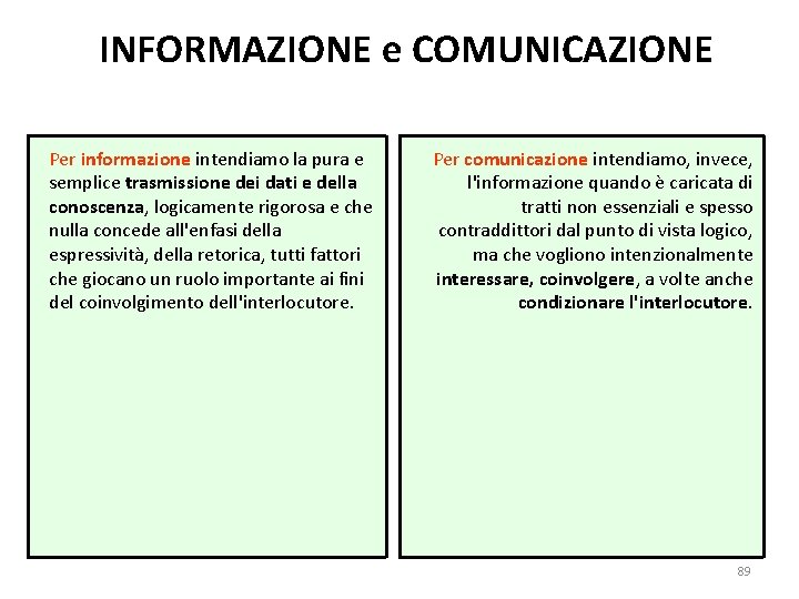 INFORMAZIONE e COMUNICAZIONE Per informazione intendiamo la pura e semplice trasmissione dei dati e