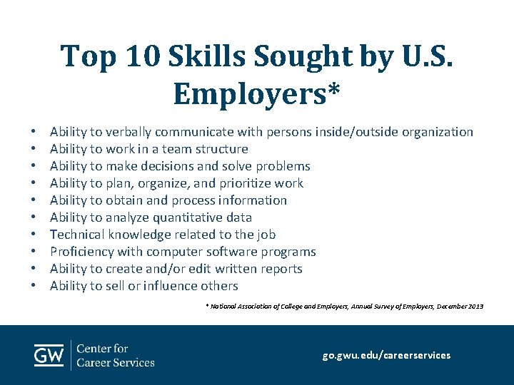 Top 10 Skills Sought by U. S. Employers* • • • Ability to verbally