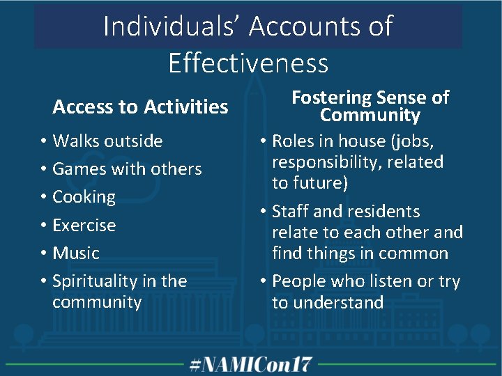 Individuals’ Accounts of Effectiveness Access to Activities • Walks outside • Games with others Individuals’ Accounts of Effectiveness Access to Activities • Walks outside • Games with others