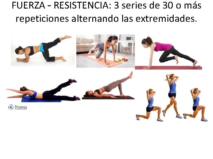 FUERZA – RESISTENCIA: 3 series de 30 o más repeticiones alternando las extremidades. 