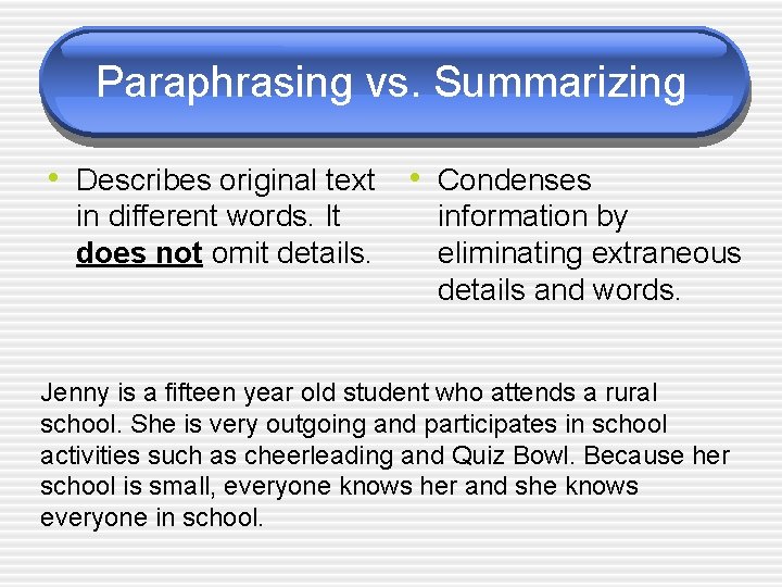 Paraphrasing vs. Summarizing • Describes original text • Condenses in different words. It does