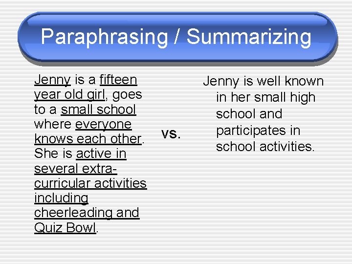 Paraphrasing / Summarizing Jenny is a fifteen year old girl, goes to a small