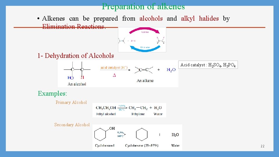Preparation of alkenes • Alkenes can be prepared from alcohols and alkyl halides by