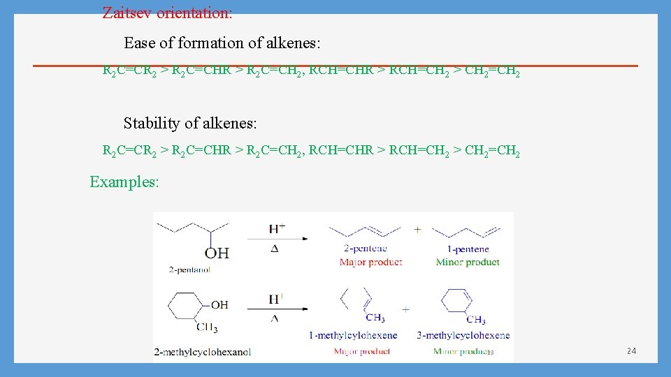 Zaitsev orientation: Ease of formation of alkenes: R 2 C=CR 2 > R 2