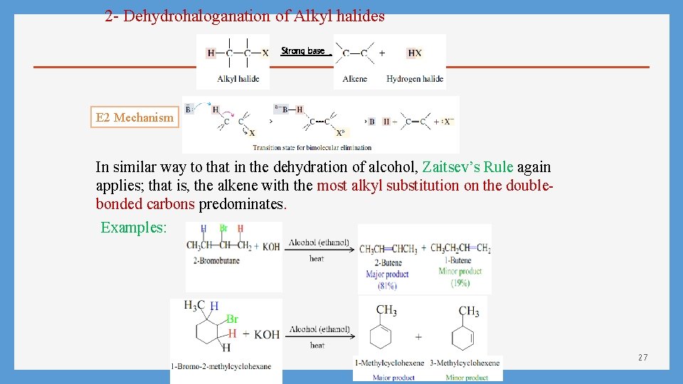 2 - Dehydrohaloganation of Alkyl halides Strong base E 2 Mechanism In similar way