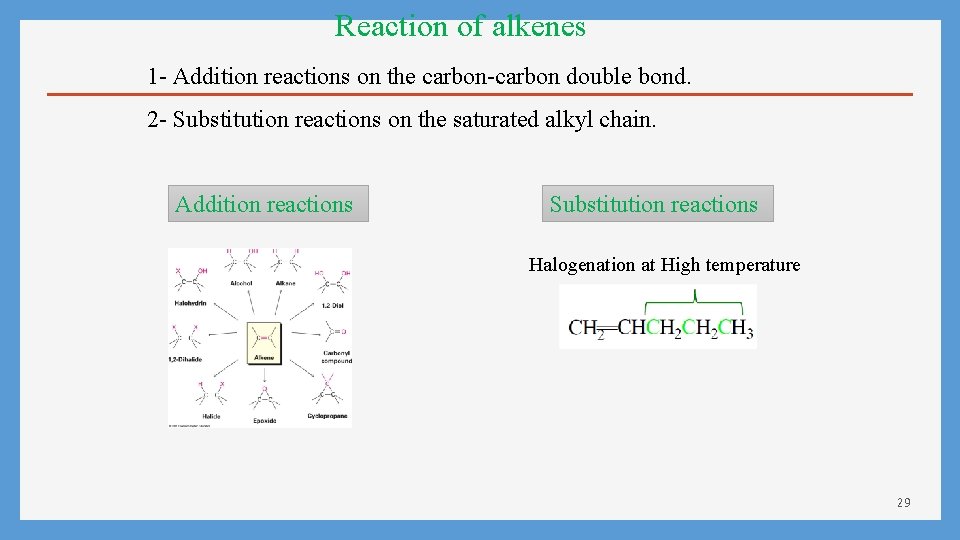 Reaction of alkenes 1 - Addition reactions on the carbon-carbon double bond. 2 -