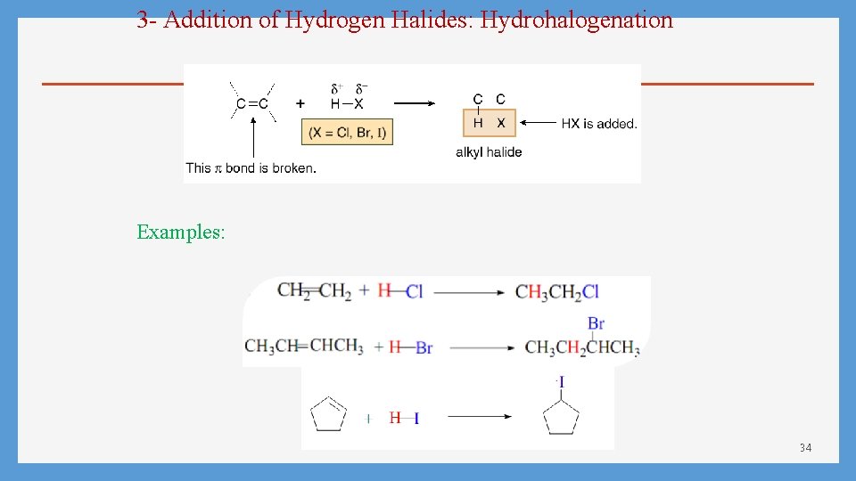 3 - Addition of Hydrogen Halides: Hydrohalogenation Examples: 34 