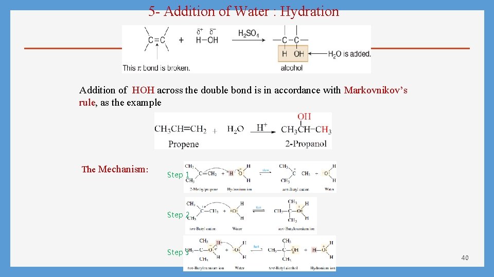 5 - Addition of Water : Hydration Addition of HOH across the double bond