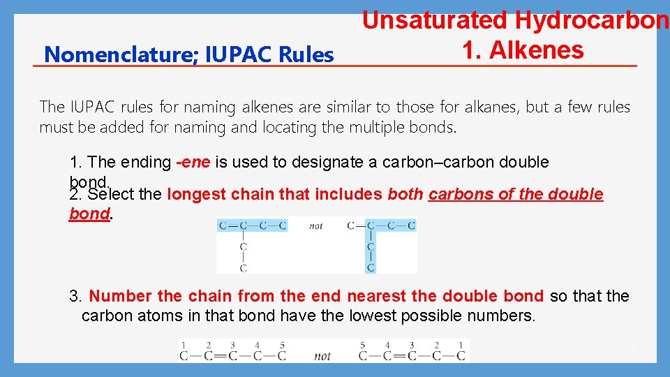 Nomenclature; IUPAC Rules Unsaturated Hydrocarbon 1. Alkenes The IUPAC rules for naming alkenes are
