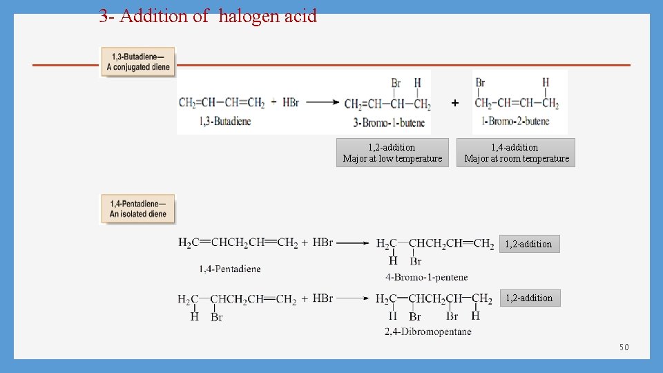 3 - Addition of halogen acid + 1, 2 -addition Major at low temperature