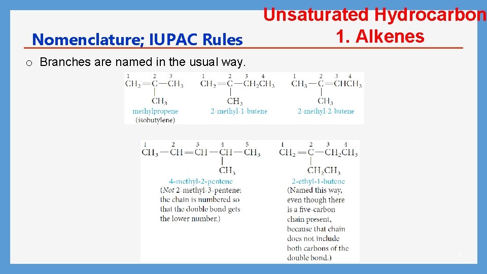 Nomenclature; IUPAC Rules Unsaturated Hydrocarbon 1. Alkenes o Branches are named in the usual