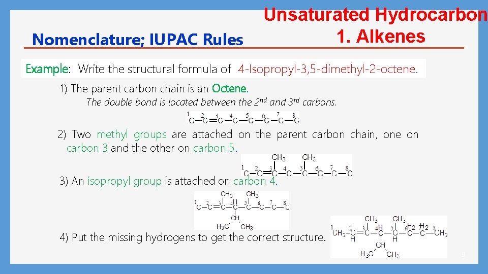 Nomenclature; IUPAC Rules Unsaturated Hydrocarbon 1. Alkenes Example: Write the structural formula of 4