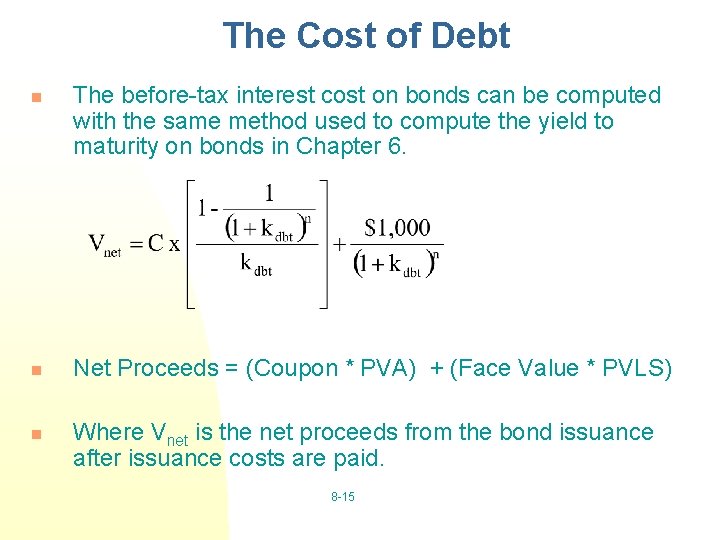 The Cost of Debt n n n The before-tax interest cost on bonds can