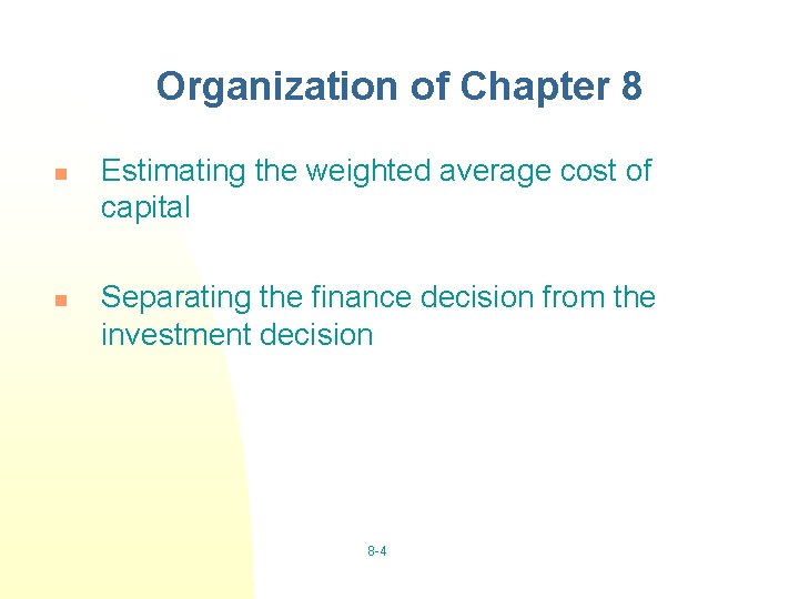 Organization of Chapter 8 n n Estimating the weighted average cost of capital Separating