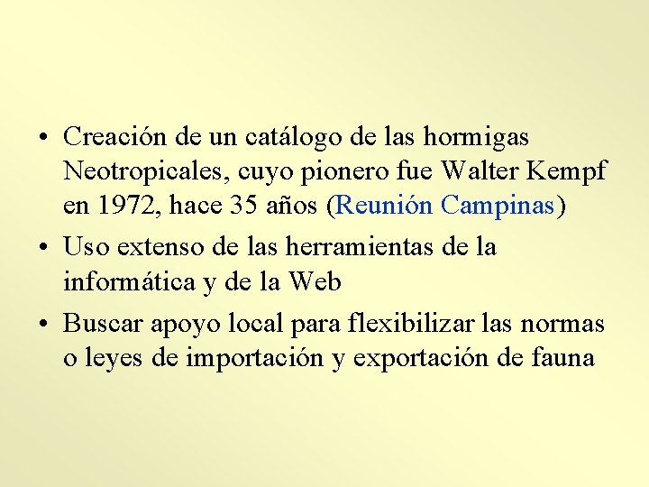  • Creación de un catálogo de las hormigas Neotropicales, cuyo pionero fue Walter