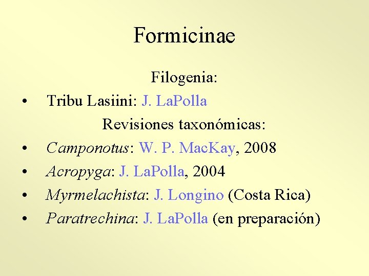 Formicinae • • • Filogenia: Tribu Lasiini: J. La. Polla Revisiones taxonómicas: Camponotus: W.