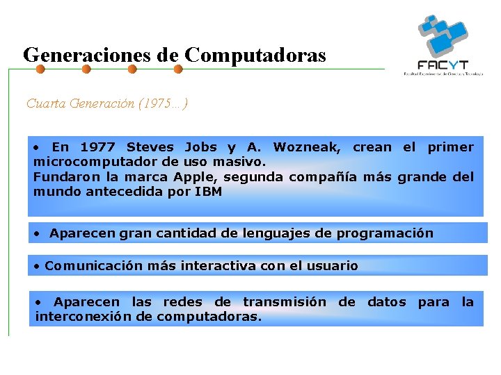 Generaciones de Computadoras Cuarta Generación (1975…) • En 1977 Steves Jobs y A. Wozneak,