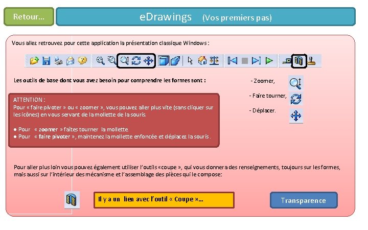 Retour… e. Drawings (Vos premiers pas) Vous allez retrouvez pour cette application la présentation