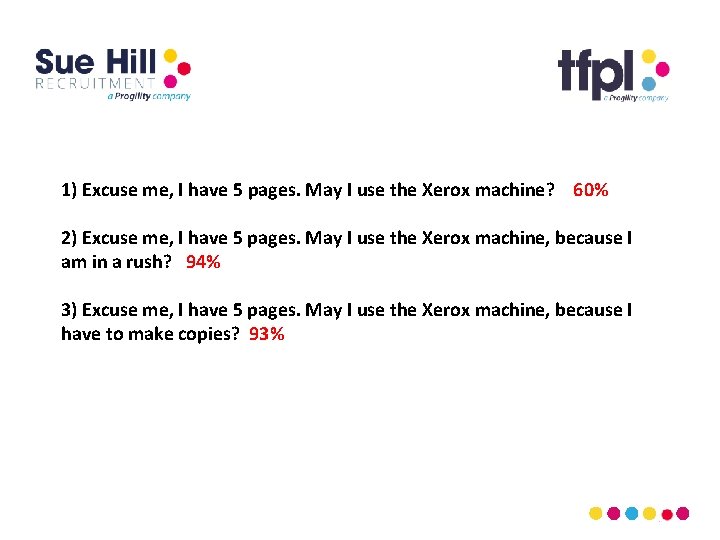 1) Excuse me, I have 5 pages. May I use the Xerox machine? 60%