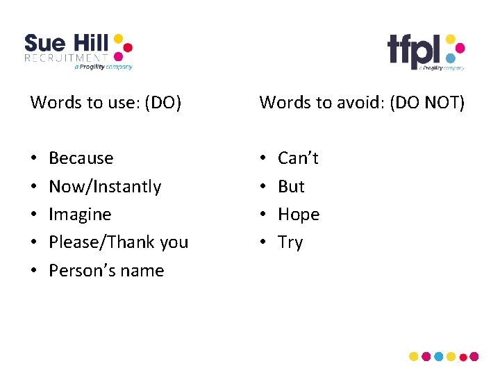 Words to use: (DO) • • • Because Now/Instantly Imagine Please/Thank you Person’s name