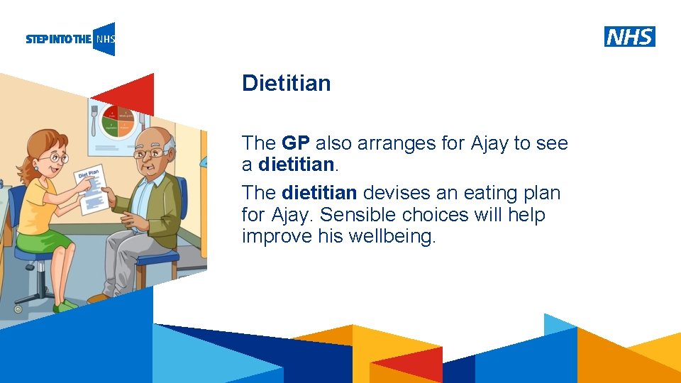 Dietitian The GP also arranges for Ajay to see a dietitian. The dietitian devises