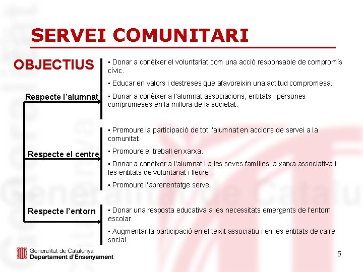 SERVEI COMUNITARI OBJECTIUS • Donar a conèixer el voluntariat com una acció responsable de